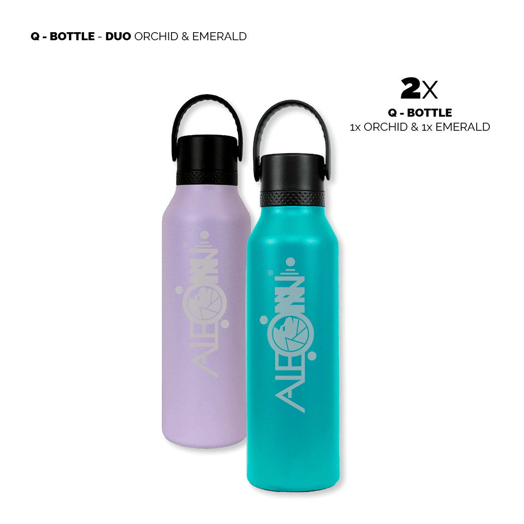 Q-Bottle DUO emerald & orchid Kick-Off Aktion bis 30.Juni 26.  Lieferung ab 15.Juli